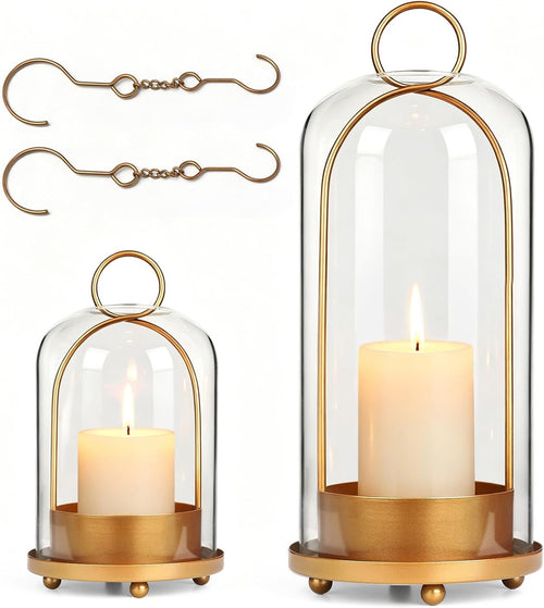 2 Metal Frame Hurricane Glass Candle Lanterns