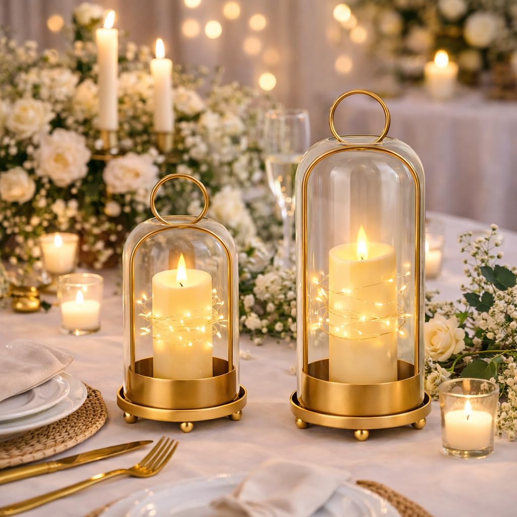 Brass Glass Hurricane Candle Lanterns Set