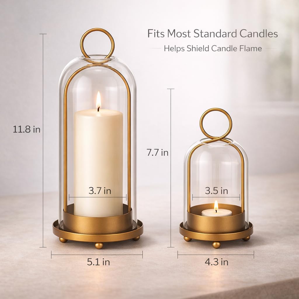 Brass Glass Hurricane Candle Lanterns Set