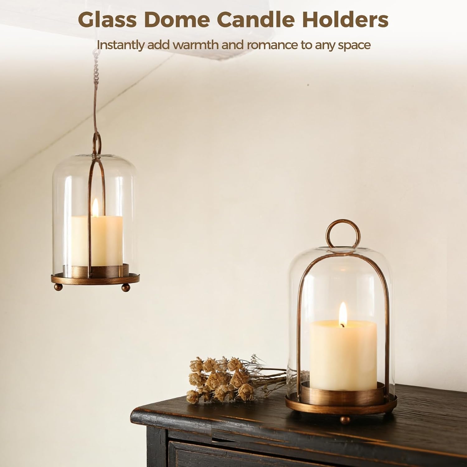 2 Vintage Glass Dome Candle Lanterns
