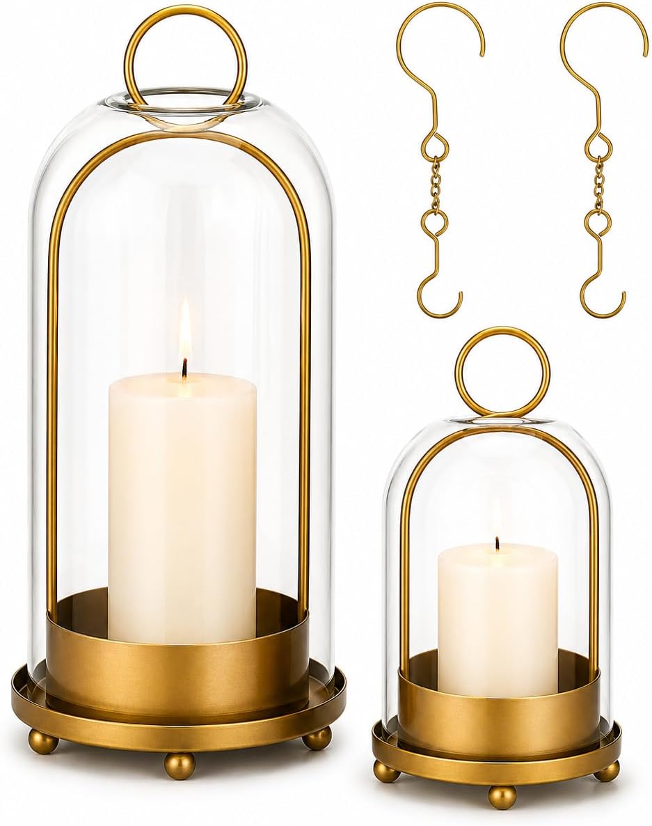 Brass Glass Hurricane Candle Lanterns Set
