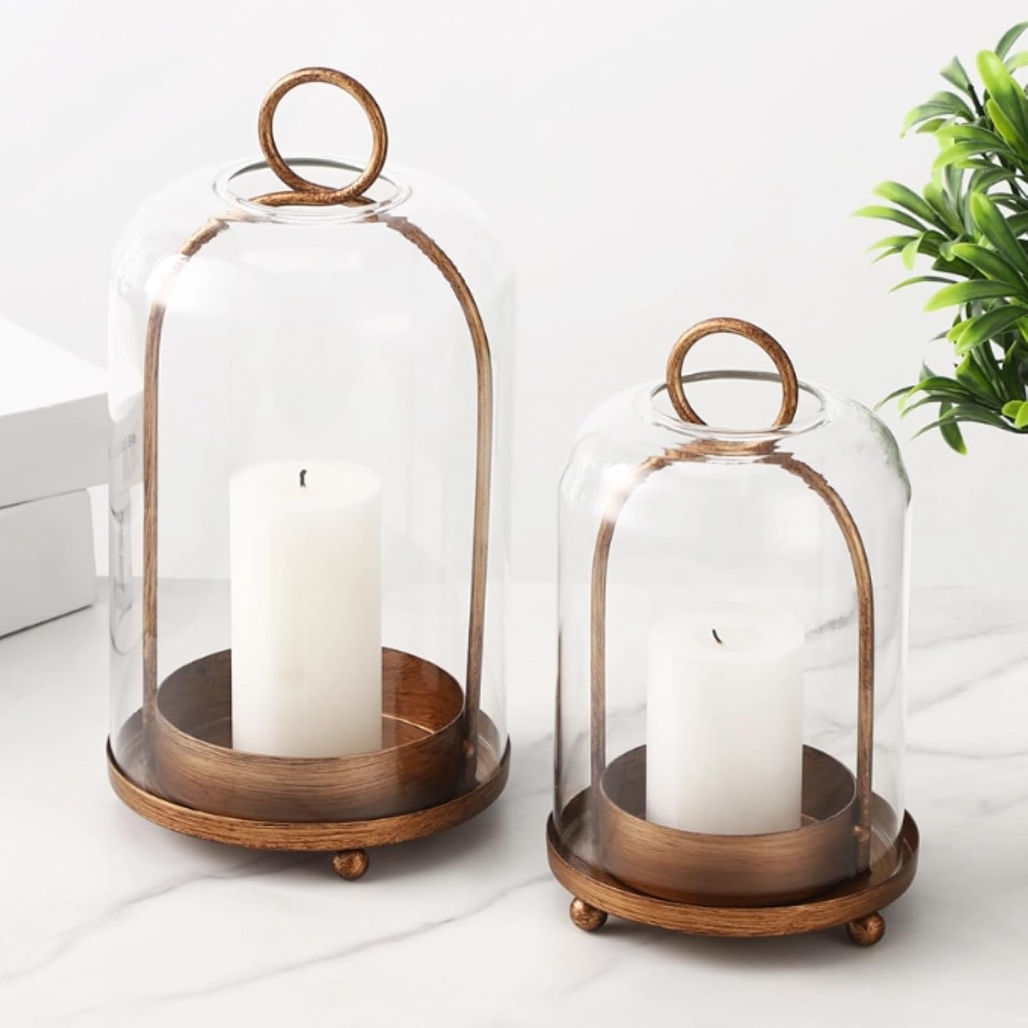 2 Vintage Glass Dome Candle Lanterns