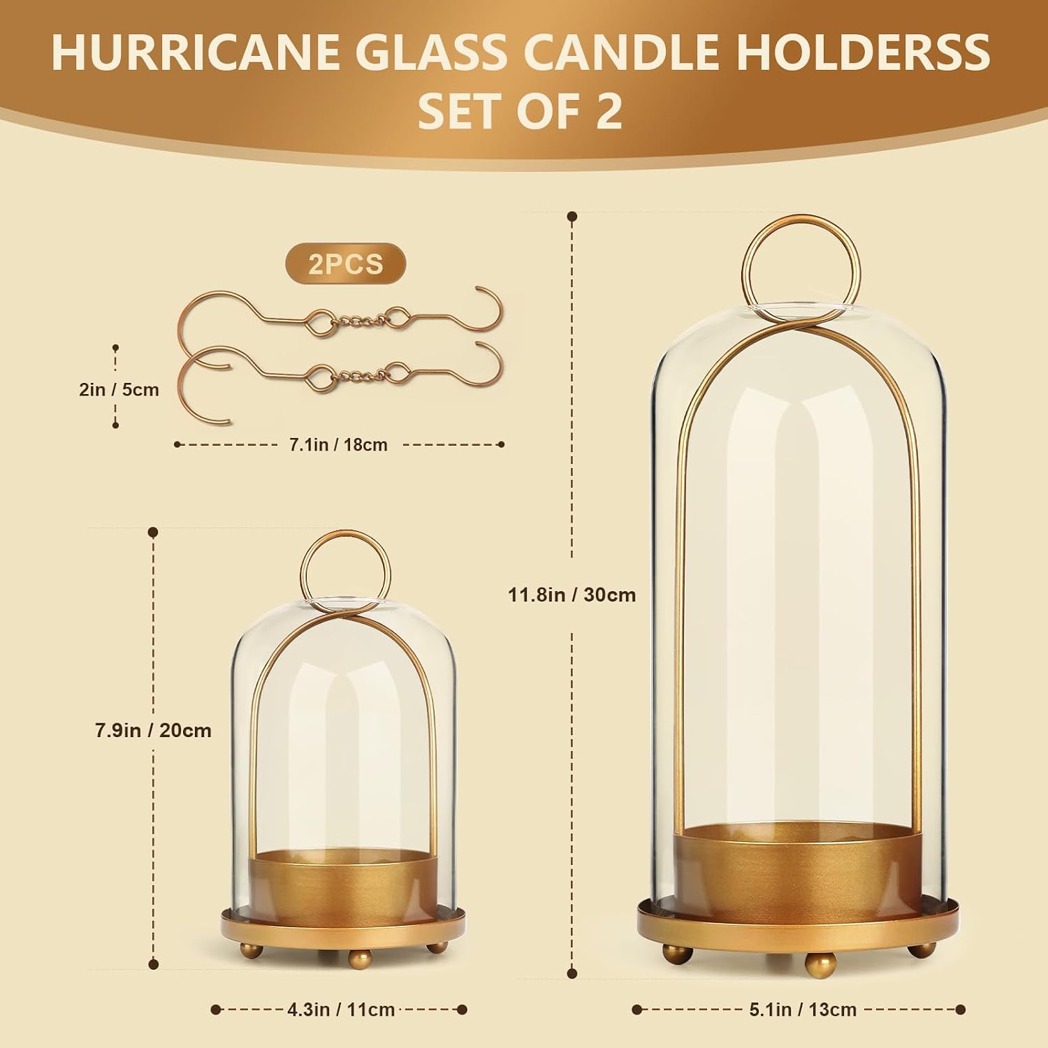 2 Metal Frame Hurricane Glass Candle Lanterns