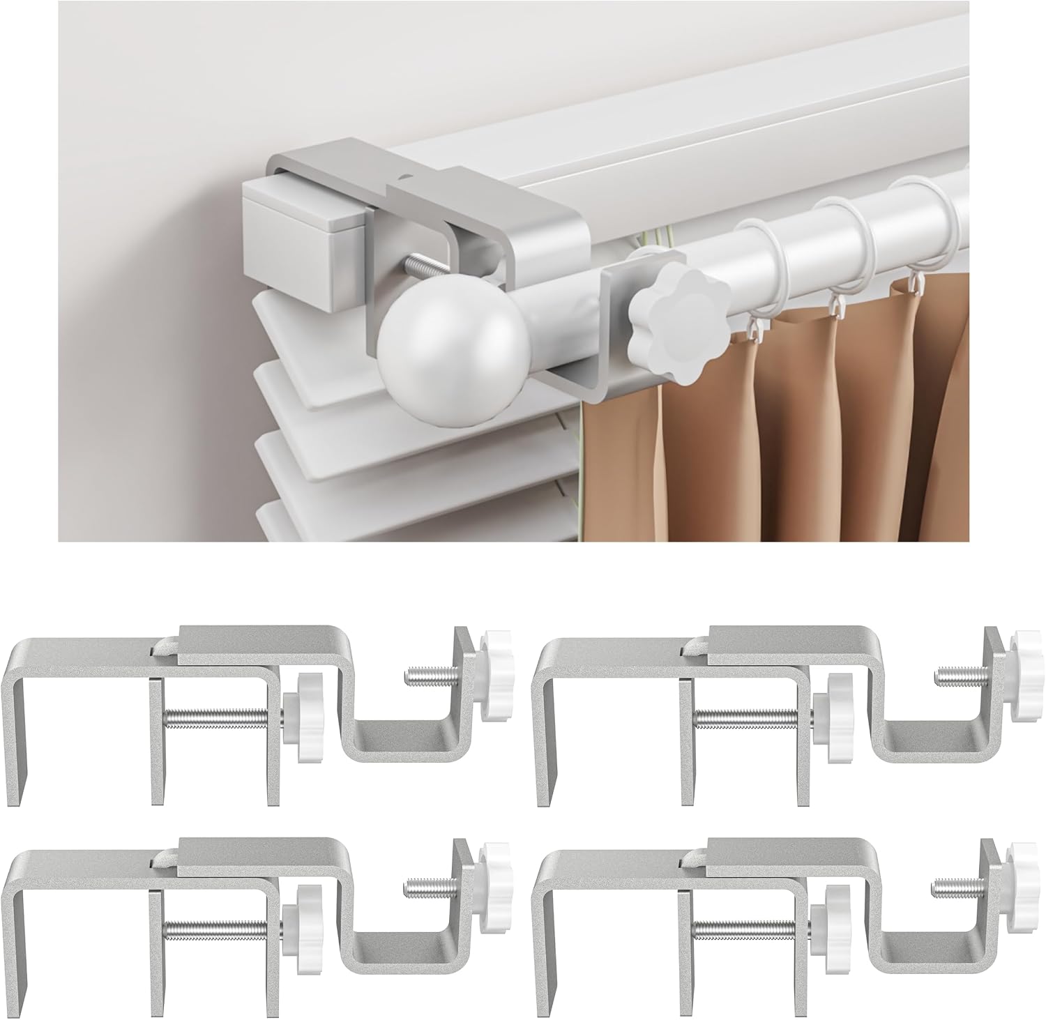 4 Pack Silver No Drill Over-Blinds Curtain Rod Brackets