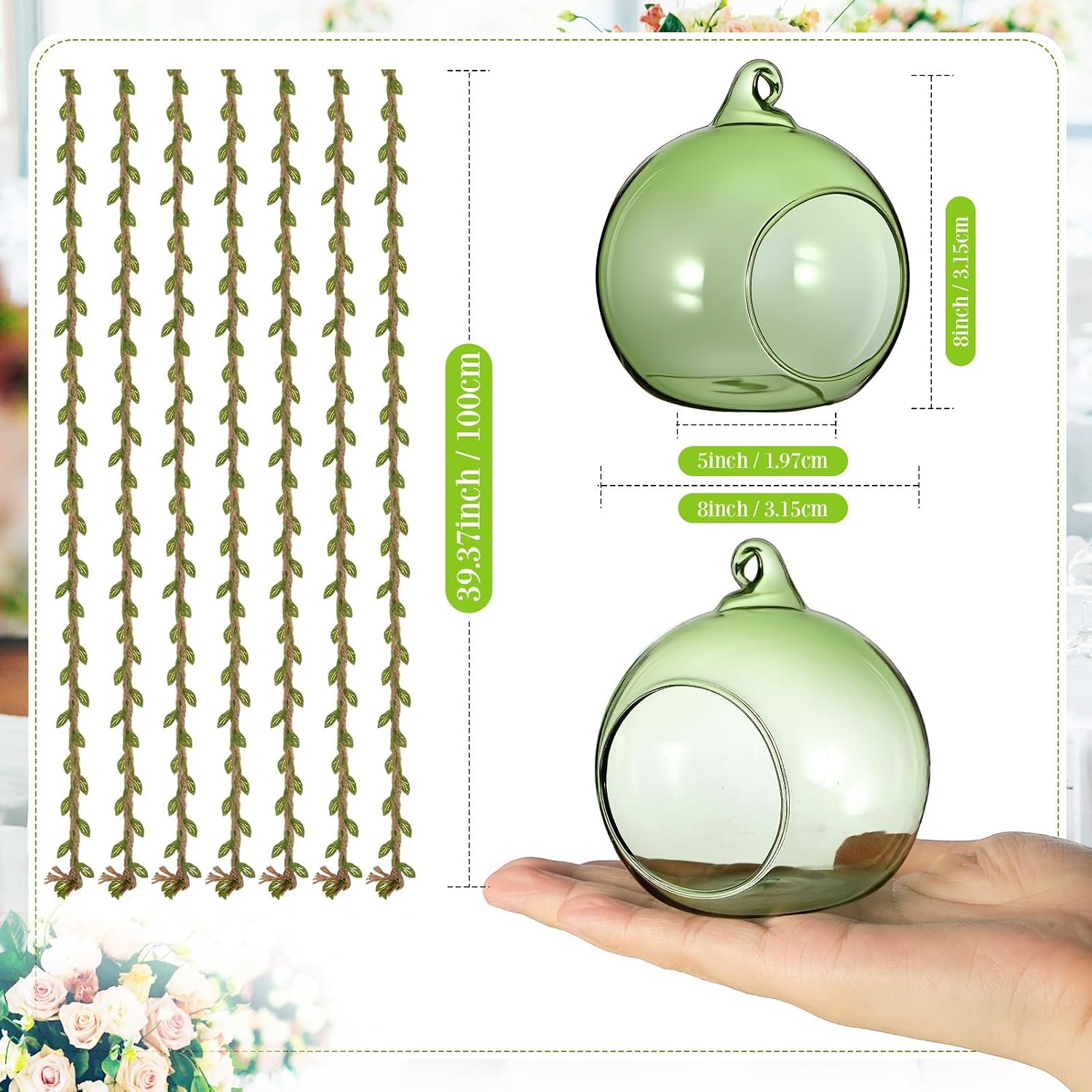 13 Green Leaf Vine Glass Orb Holders