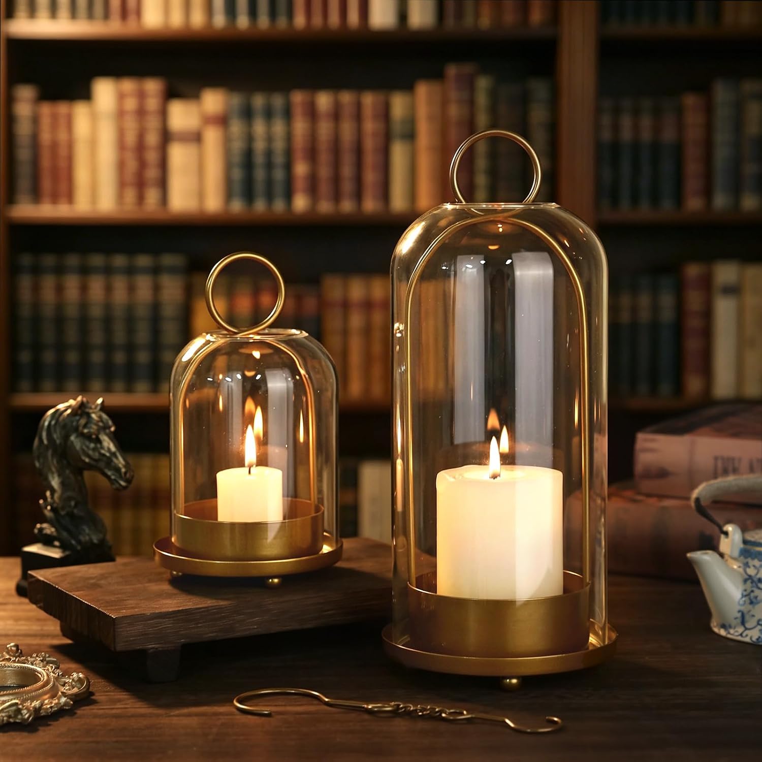2 Metal Frame Hurricane Glass Candle Lanterns