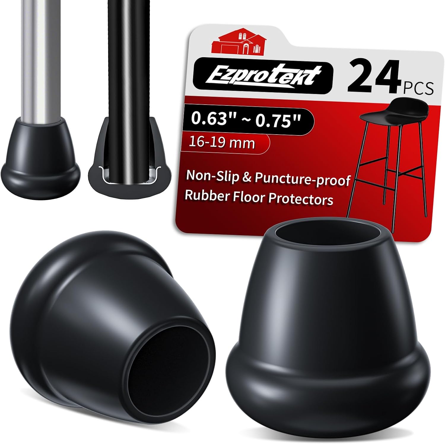24Pcs Black 0.75" Round Rubber Chair Leg Caps