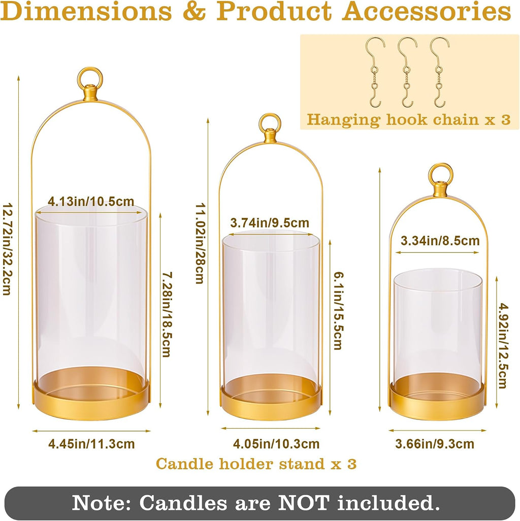 3 Gold Glass Dome Candle Lanterns