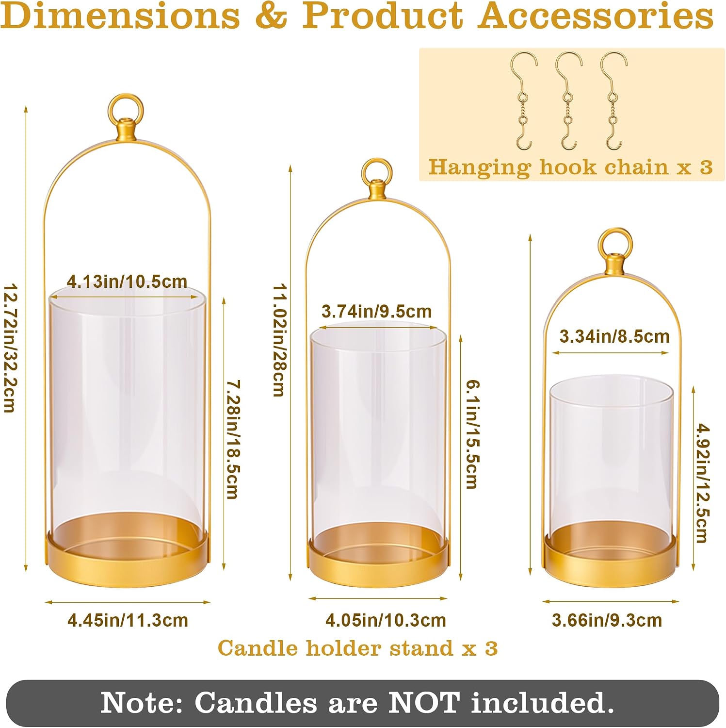 3 Gold Glass Dome Candle Lanterns