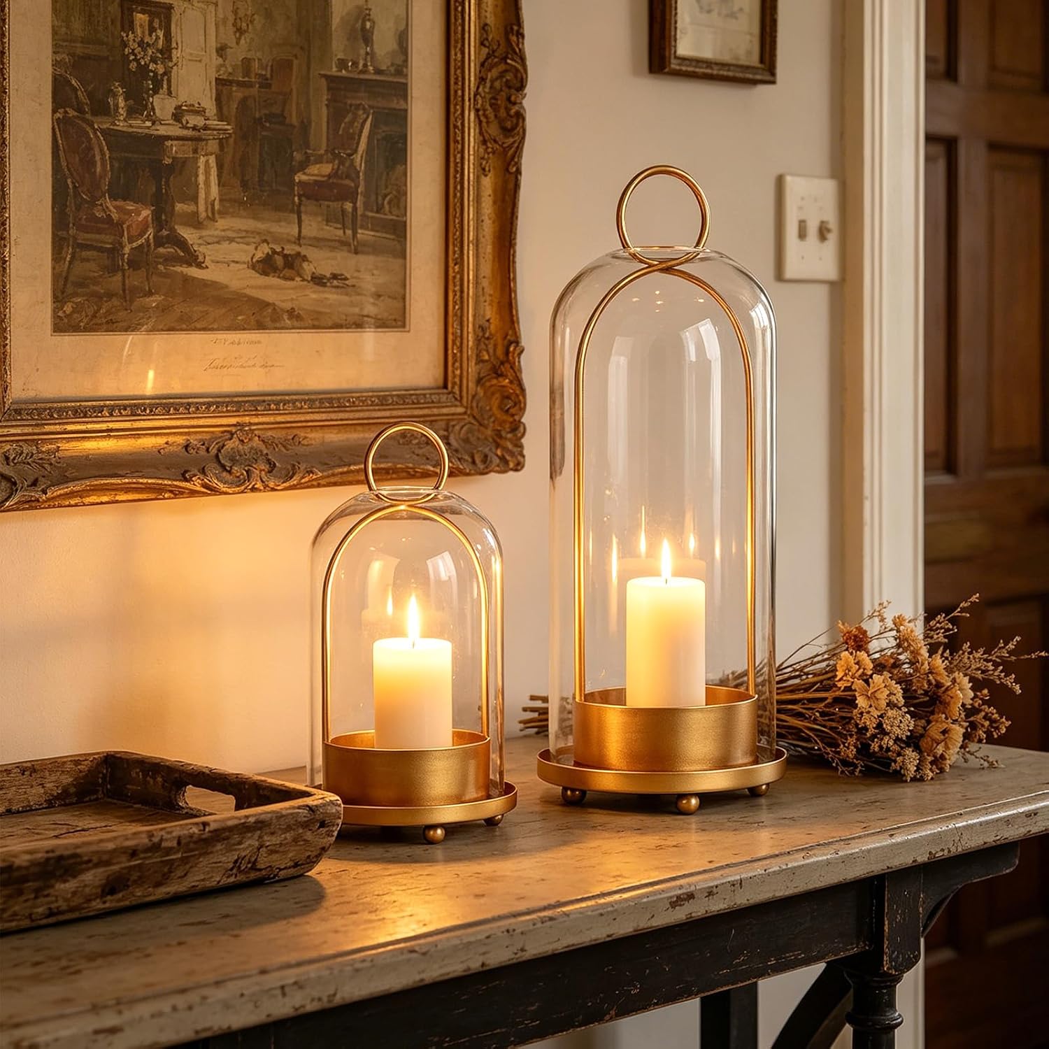 2 Metal Frame Hurricane Glass Candle Lanterns