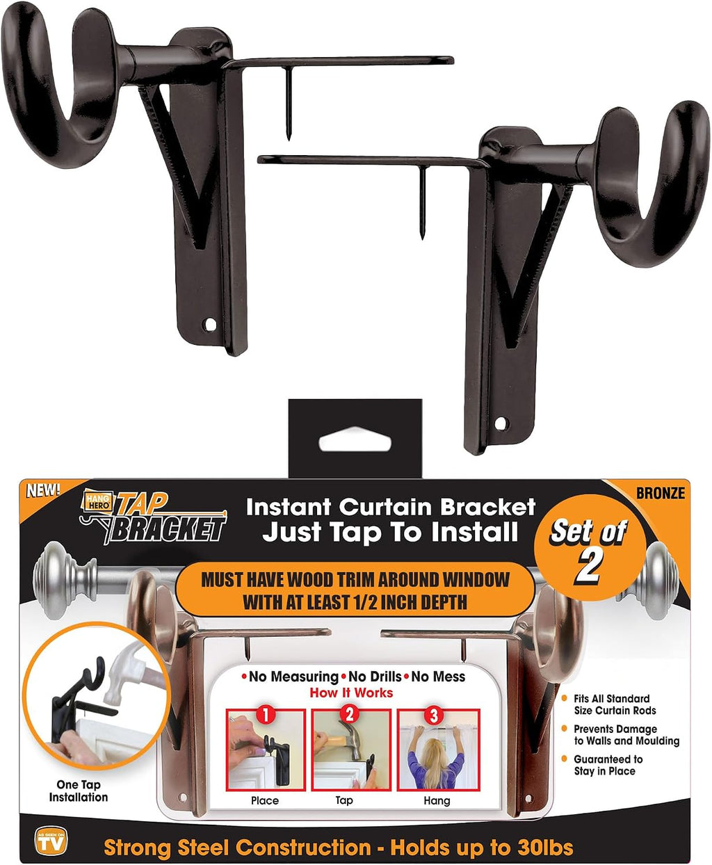 2 Pack Bronze No Drill Heavy Duty Curtain Rod Brackets