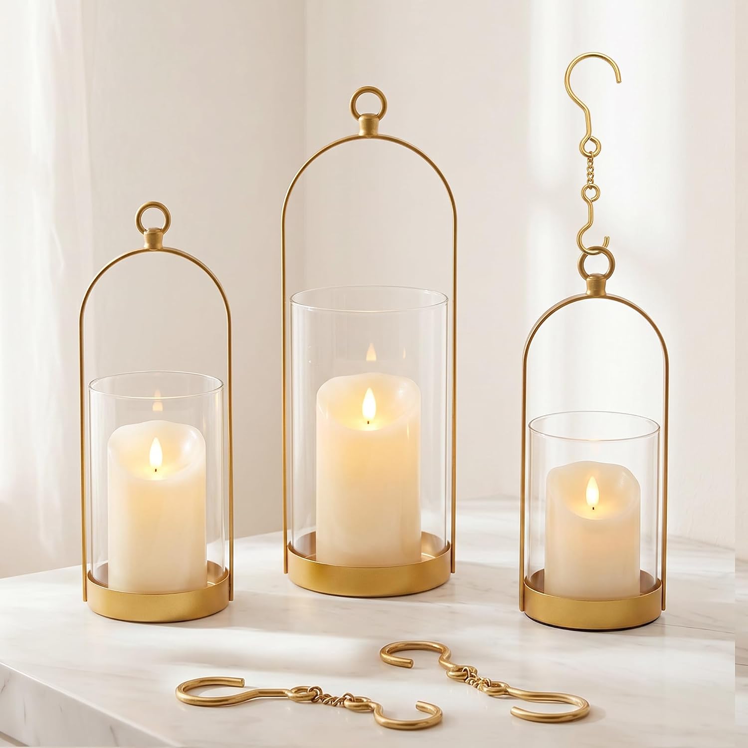 3 Gold Glass Dome Candle Lanterns