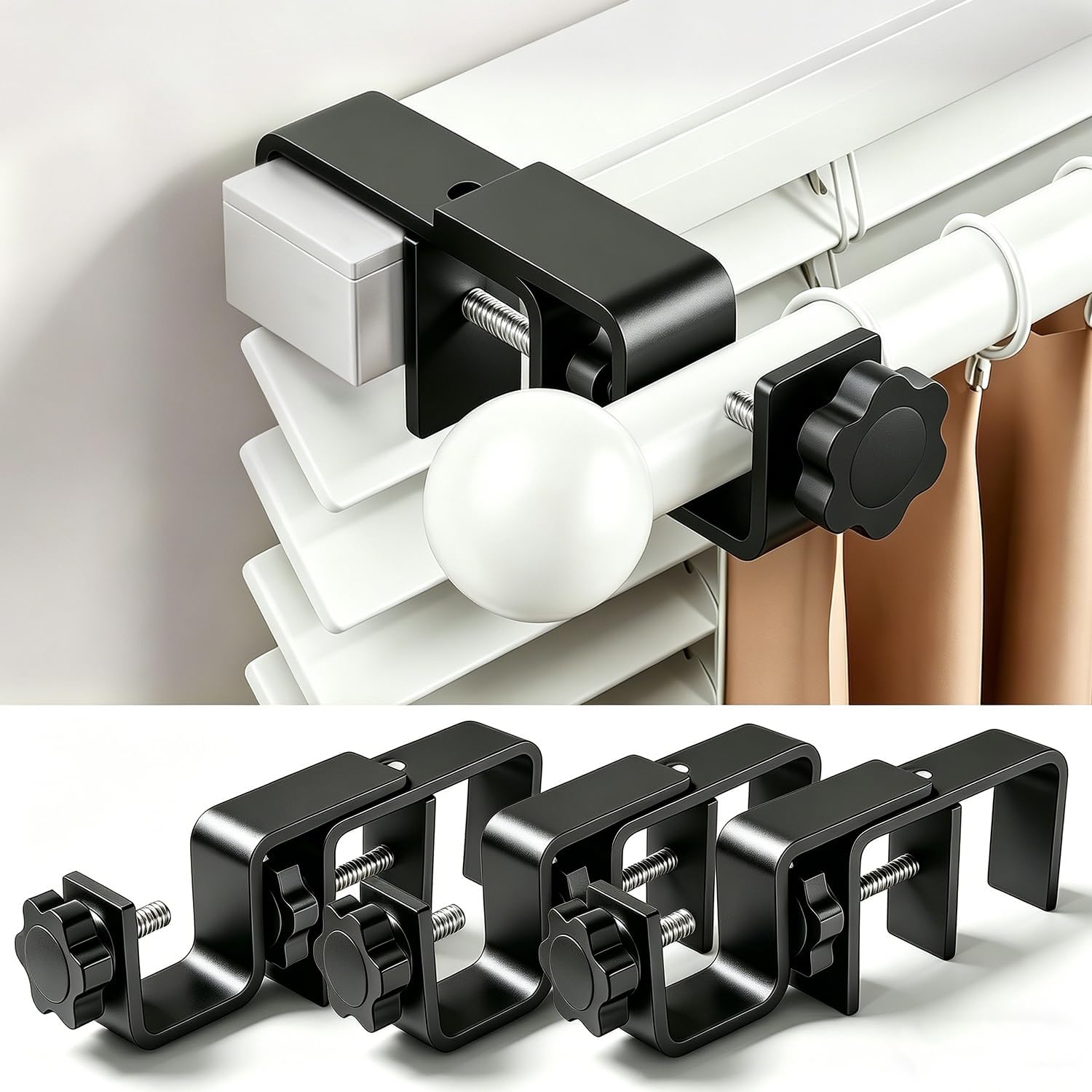3 Pack Black No Drill Over-Blinds Curtain Rod Brackets