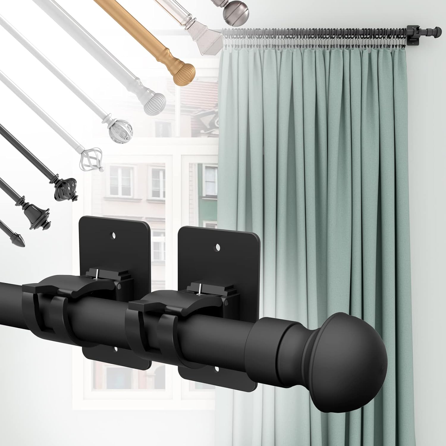 4 Pieces Black Self Adhesive No Drill Curtain Rod Brackets