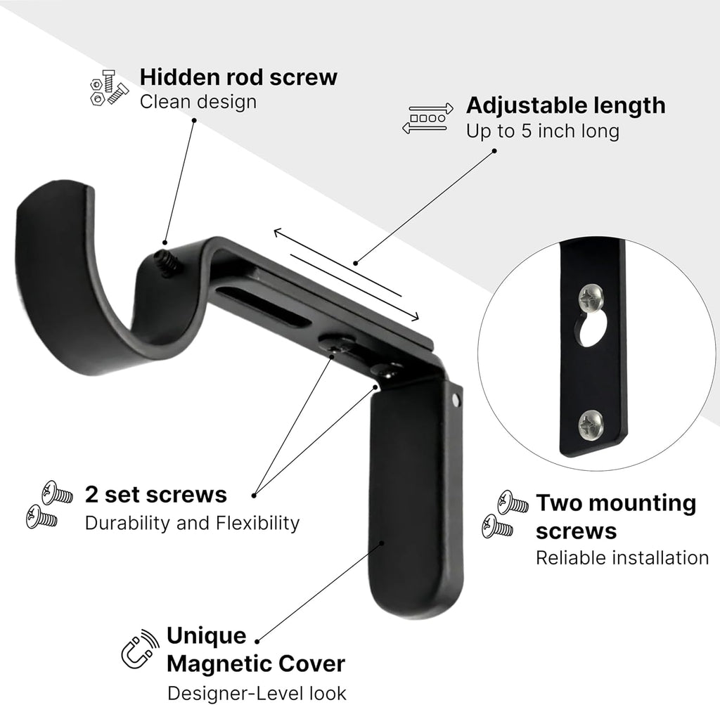 2 Pack Black 5 Inch Extended Magnetic Cover Curtain Rod Brackets