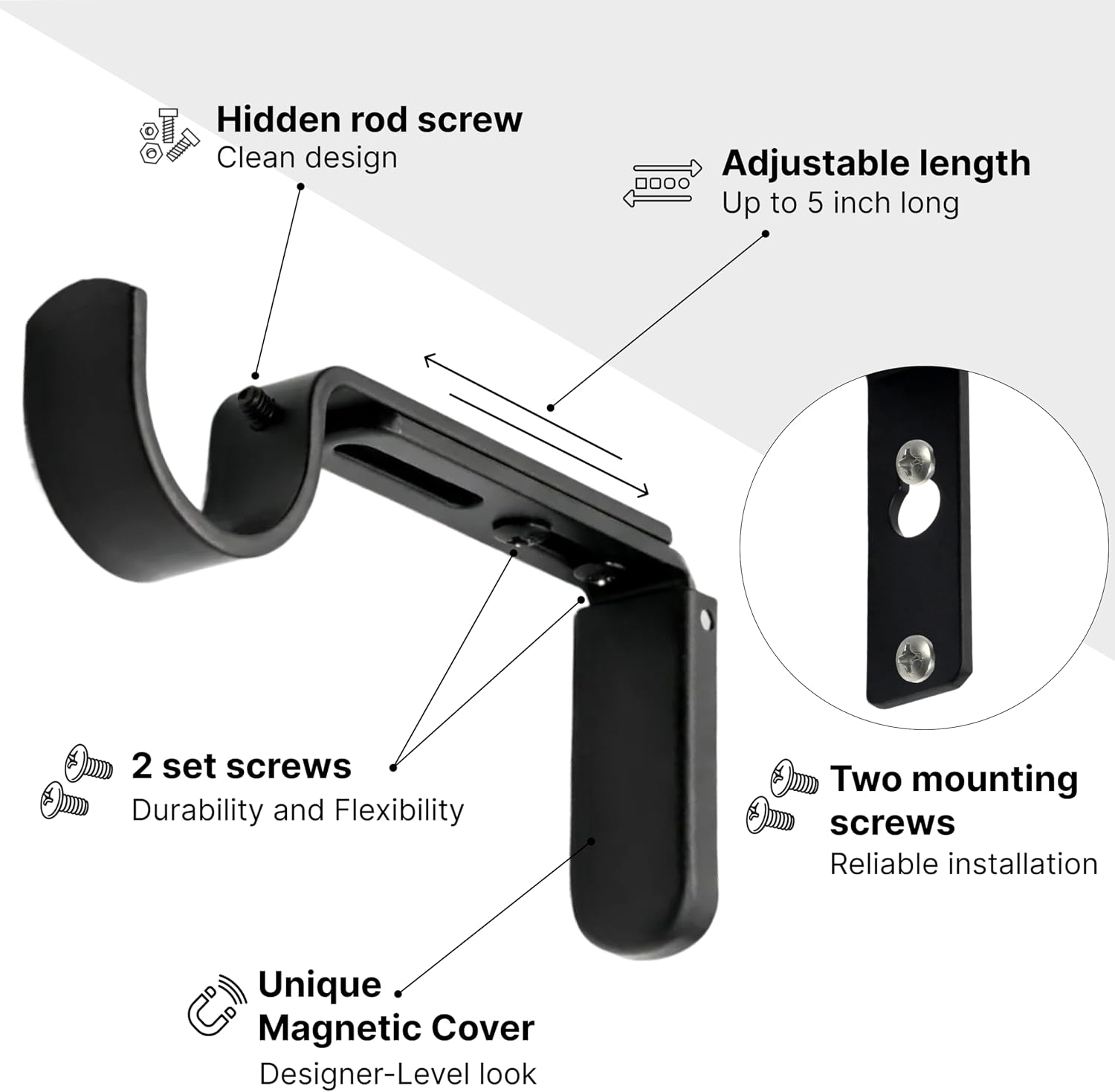 2 Pack Black 5 Inch Extended Magnetic Cover Curtain Rod Brackets