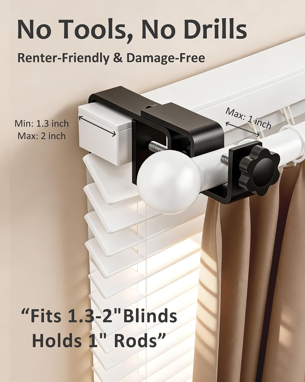 3 Pack Black No Drill Over-Blinds Curtain Rod Brackets