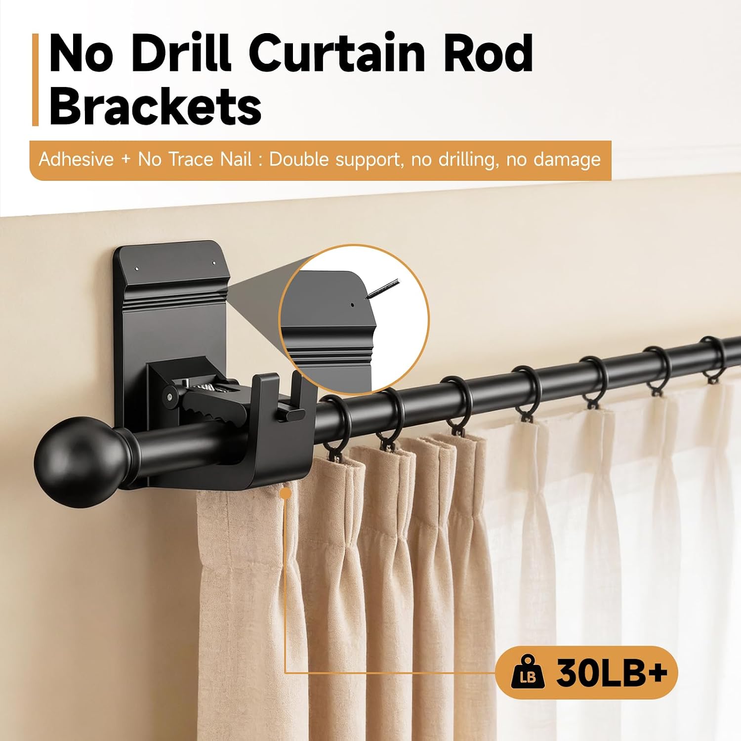 4PC Heavy Duty No Drill Curtain Rod Brackets