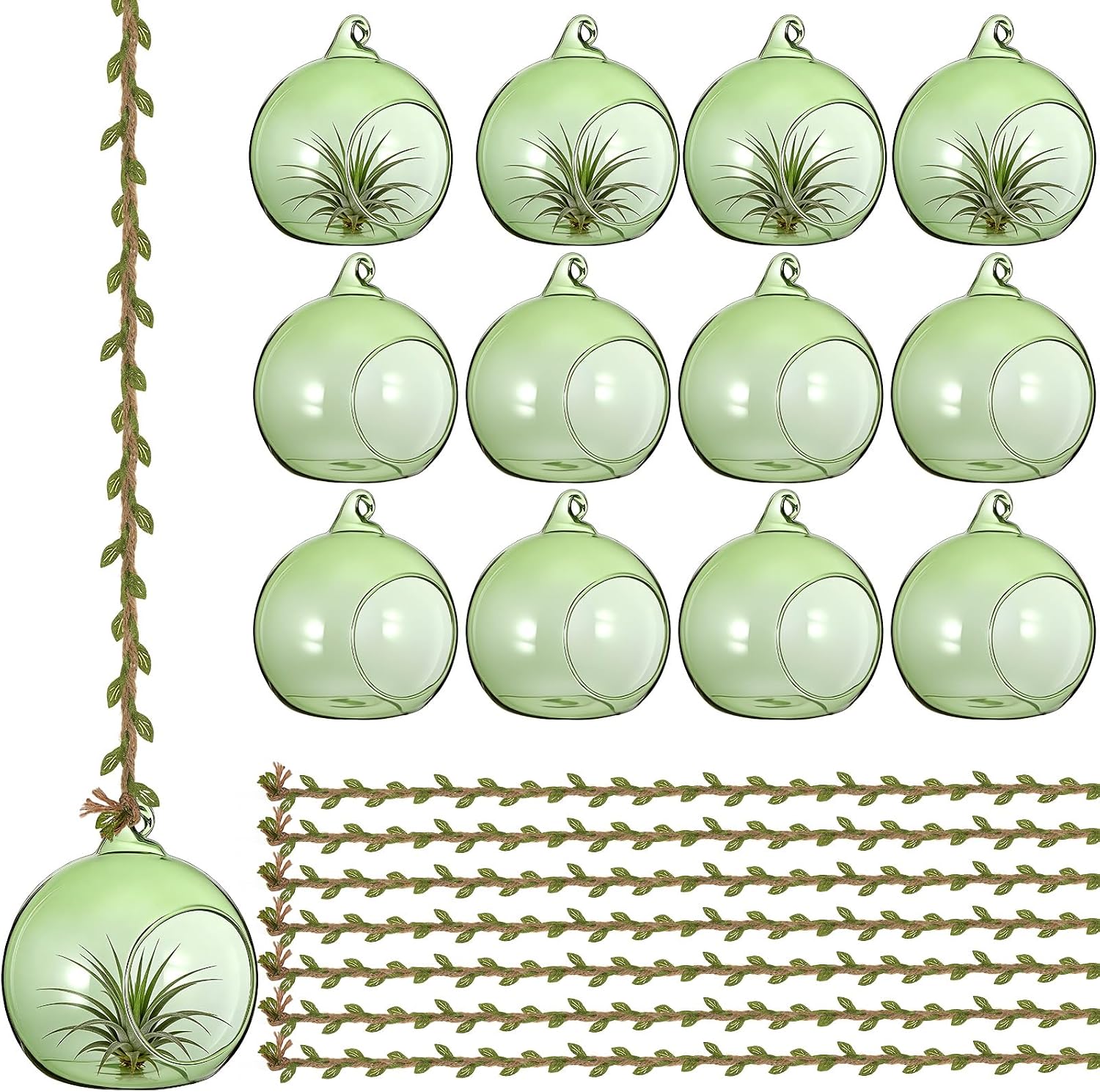 13 Green Leaf Vine Glass Orb Holders