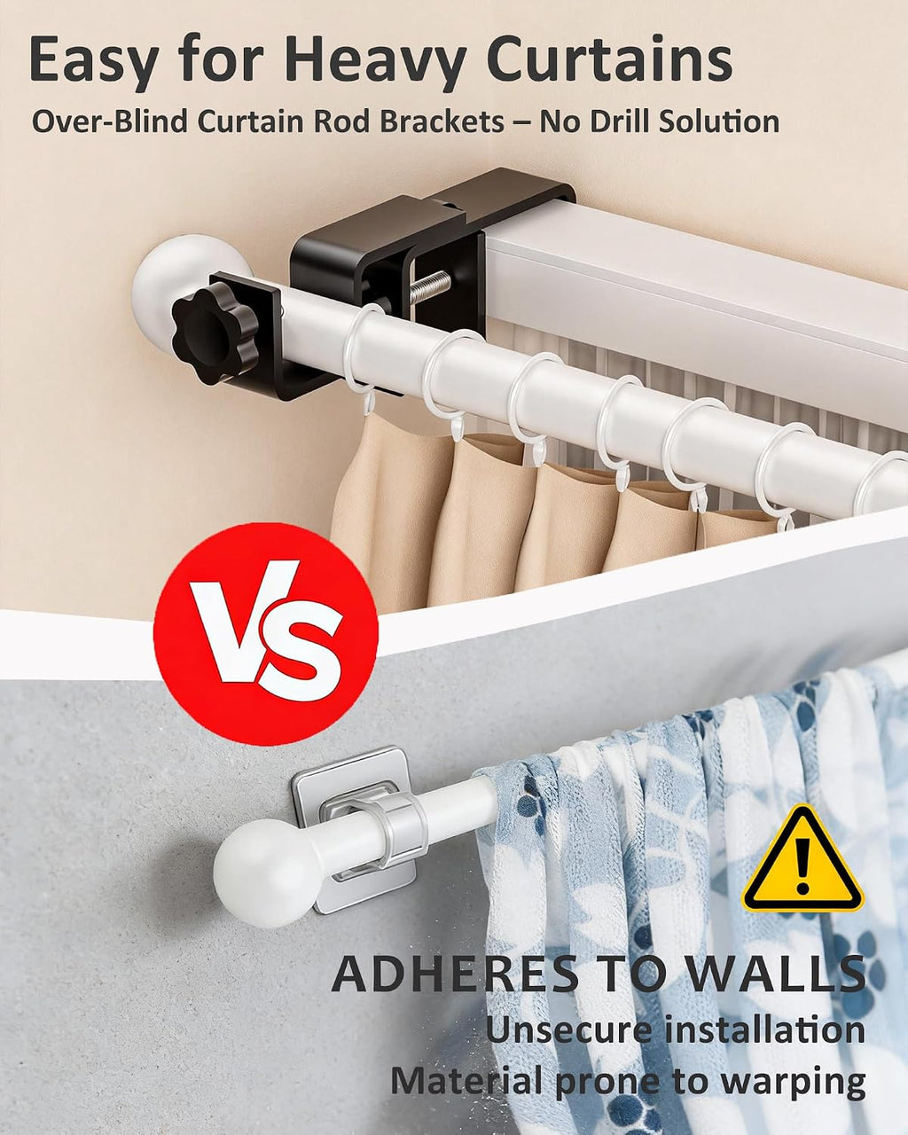 3 Pack Black No Drill Over-Blinds Curtain Rod Brackets