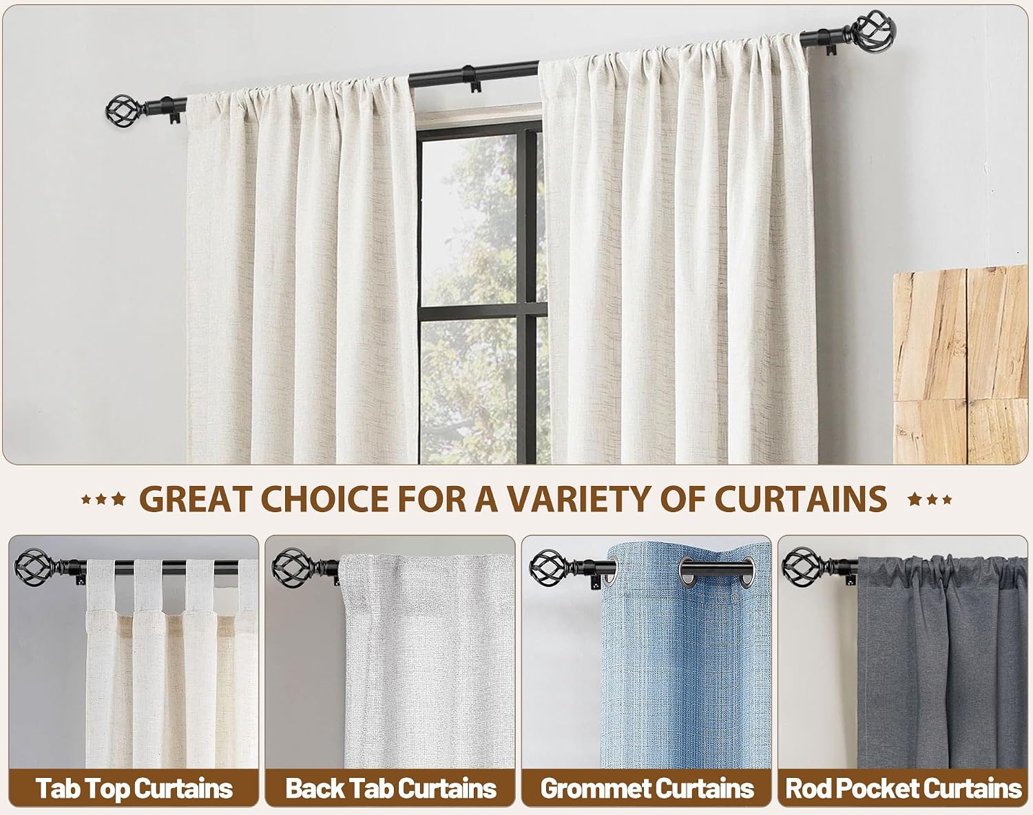 72-144 Inch Black Heavy Duty Single Curtain Rod