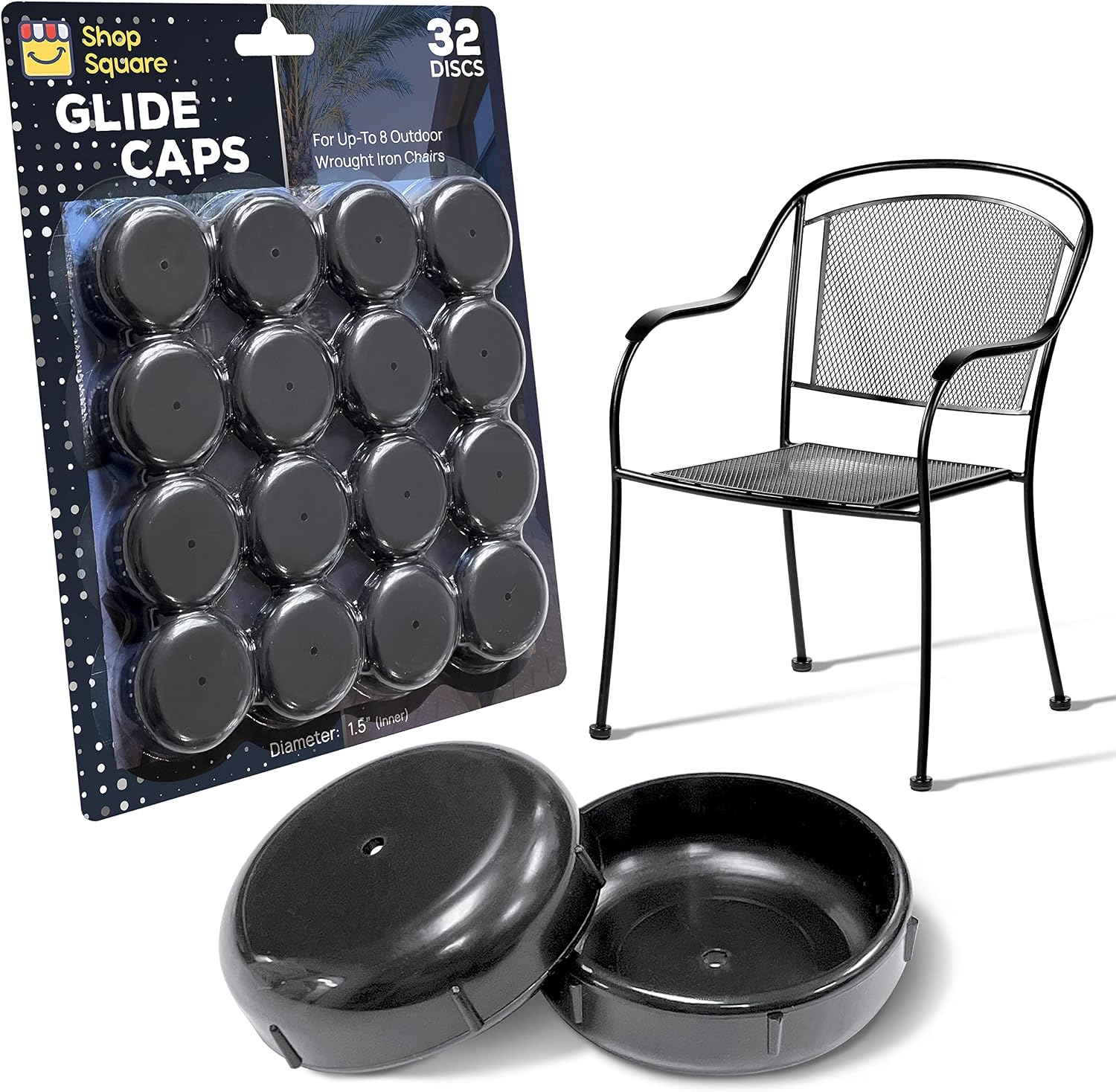 32 Pack Black 1.5" Round Plastic Patio Chair Leg Caps
