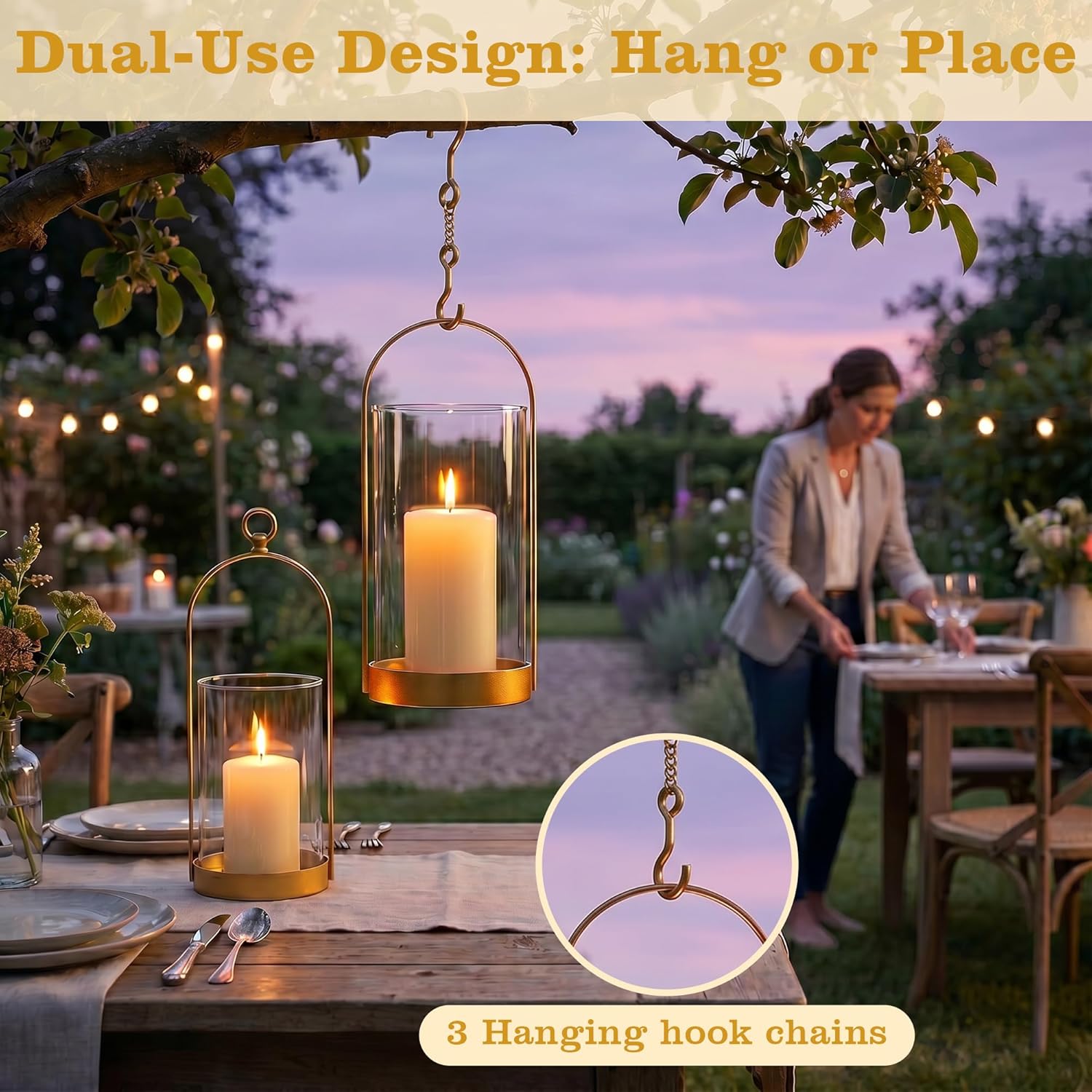 3 Gold Glass Dome Candle Lanterns