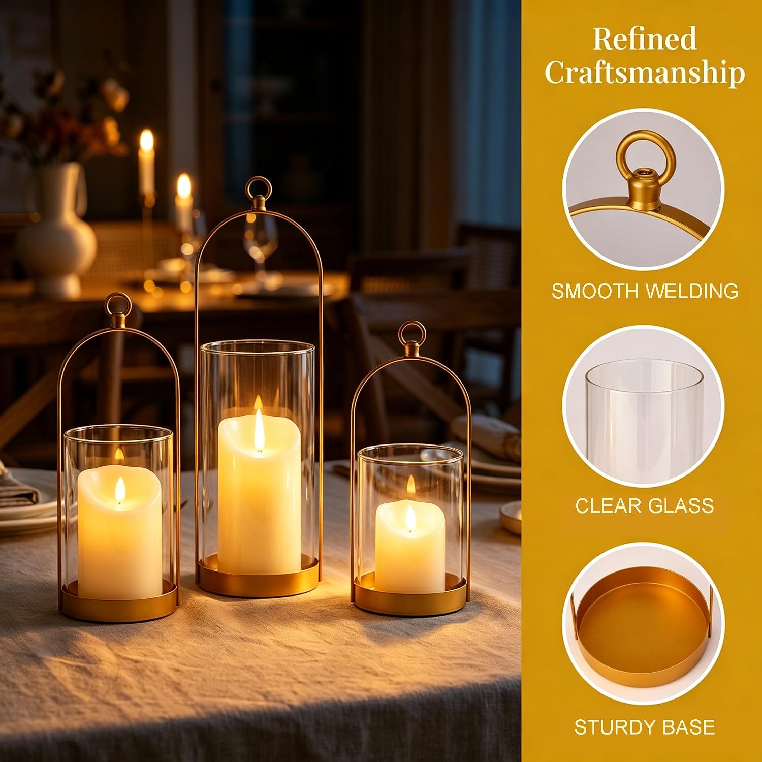 3 Gold Glass Dome Candle Lanterns