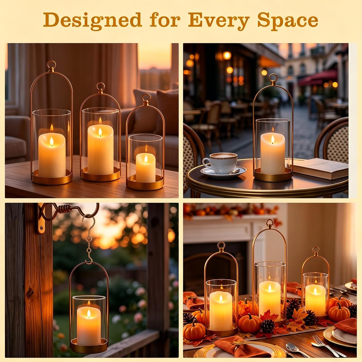 3 Gold Glass Dome Candle Lanterns